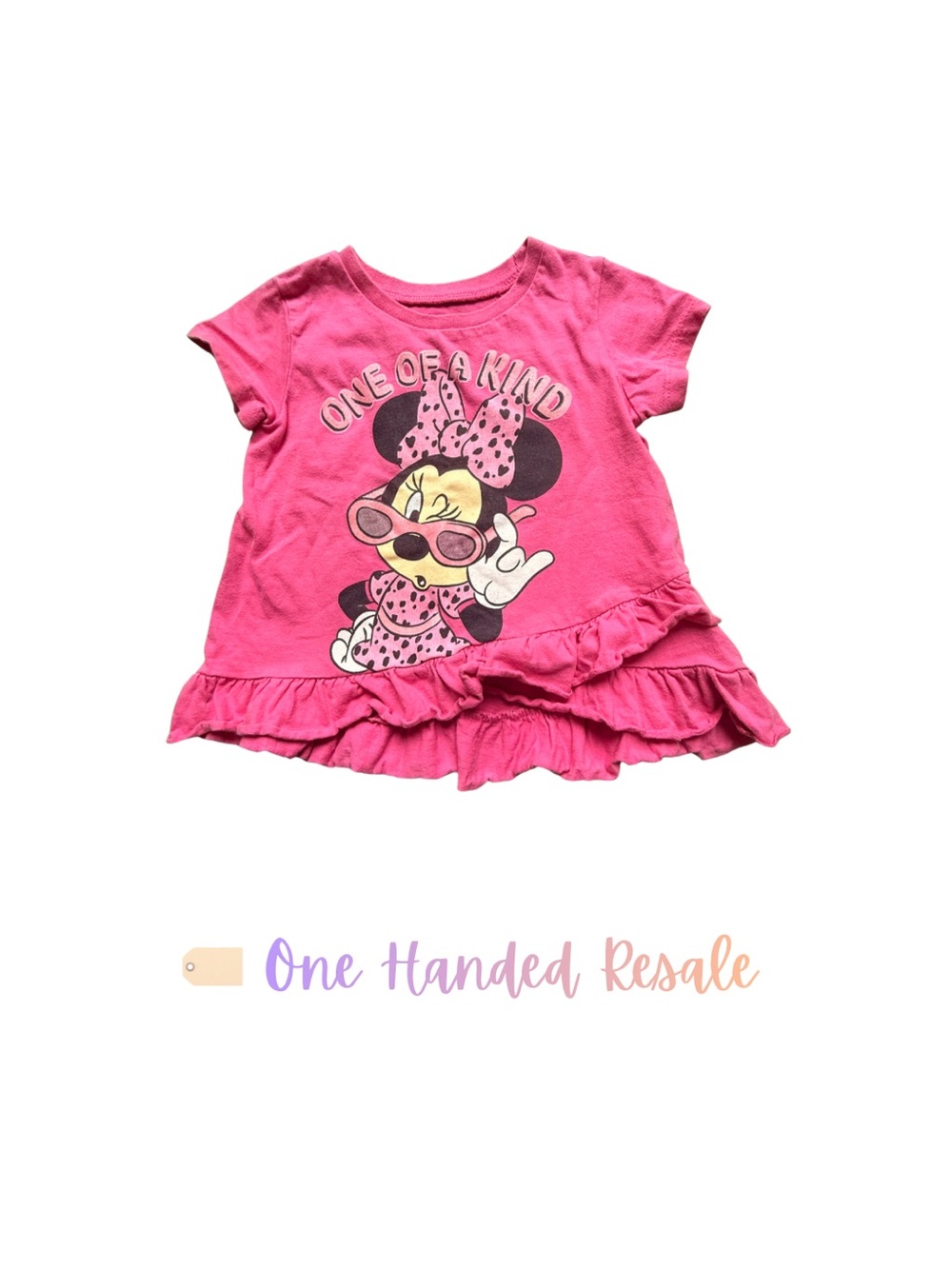 🕶️ Disney Junior Minnie Mouse Pink Ruffle Graphic Tee “One Of A Kind” Slogan 3T